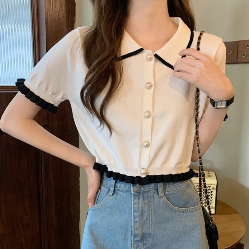 Chemisier Femme Tricoté à Manches Courtes avec Col Boutonné et Volants, Boutons Perle, Style Chic Français, Haut Court d'Été