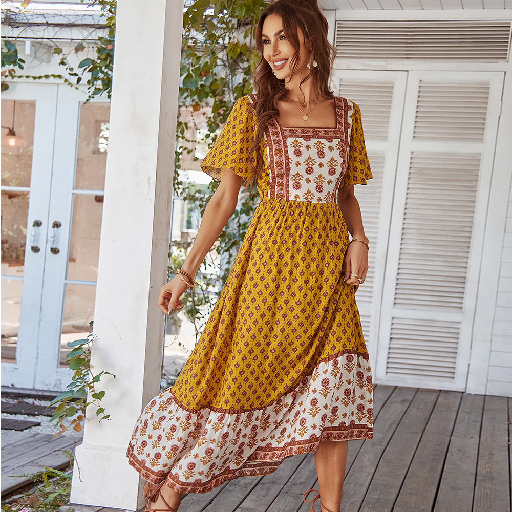 Robe élégante en coton imprimé pour femmes, jupe à col carré, Style vacances françaises, vêtements moulants, printemps été