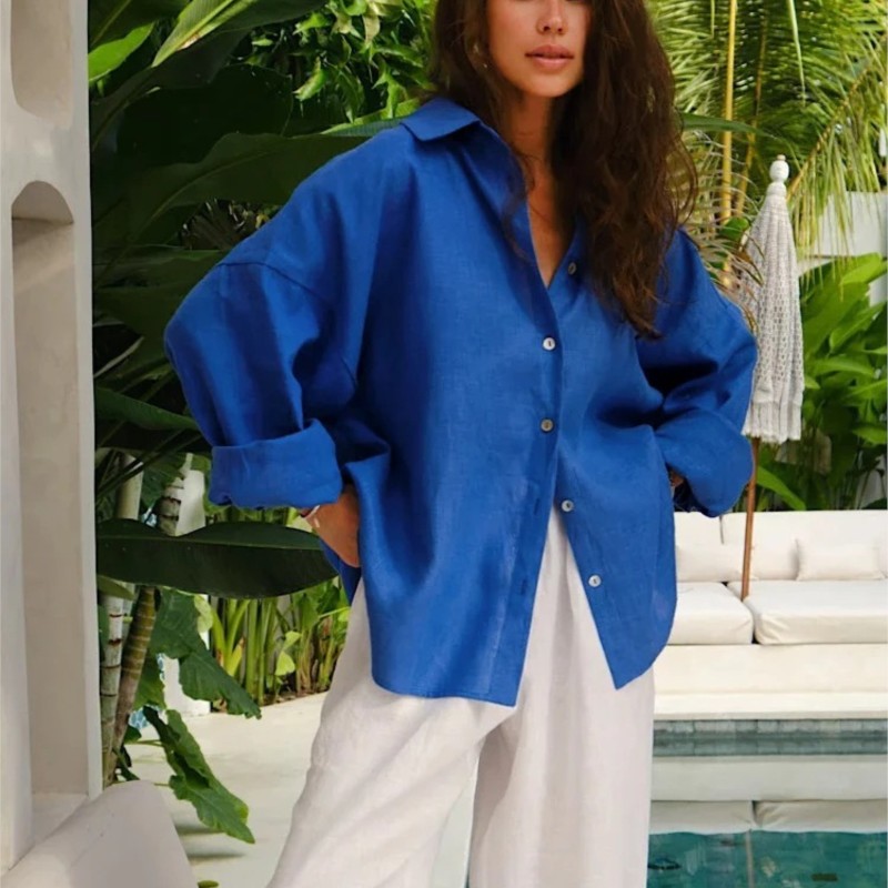 Chemise blanche en lin pour femmes, manches longues, élégante, rose, ample, mode, été, Vintage, basique, col haut, chemise pour femmes