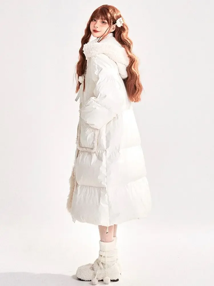 Doudoune blanche à capuche pour femme, vêtements d'hiver, mode coréenne, mi-longue, vêtements d'extérieur, ample, chaud, épais, matelassé, manteau Long pour femme
