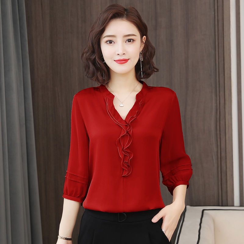 Chemise printemps et été pour femmes, manches trois-quarts, col en v, ample et ajustée, haut à volants, DF3732