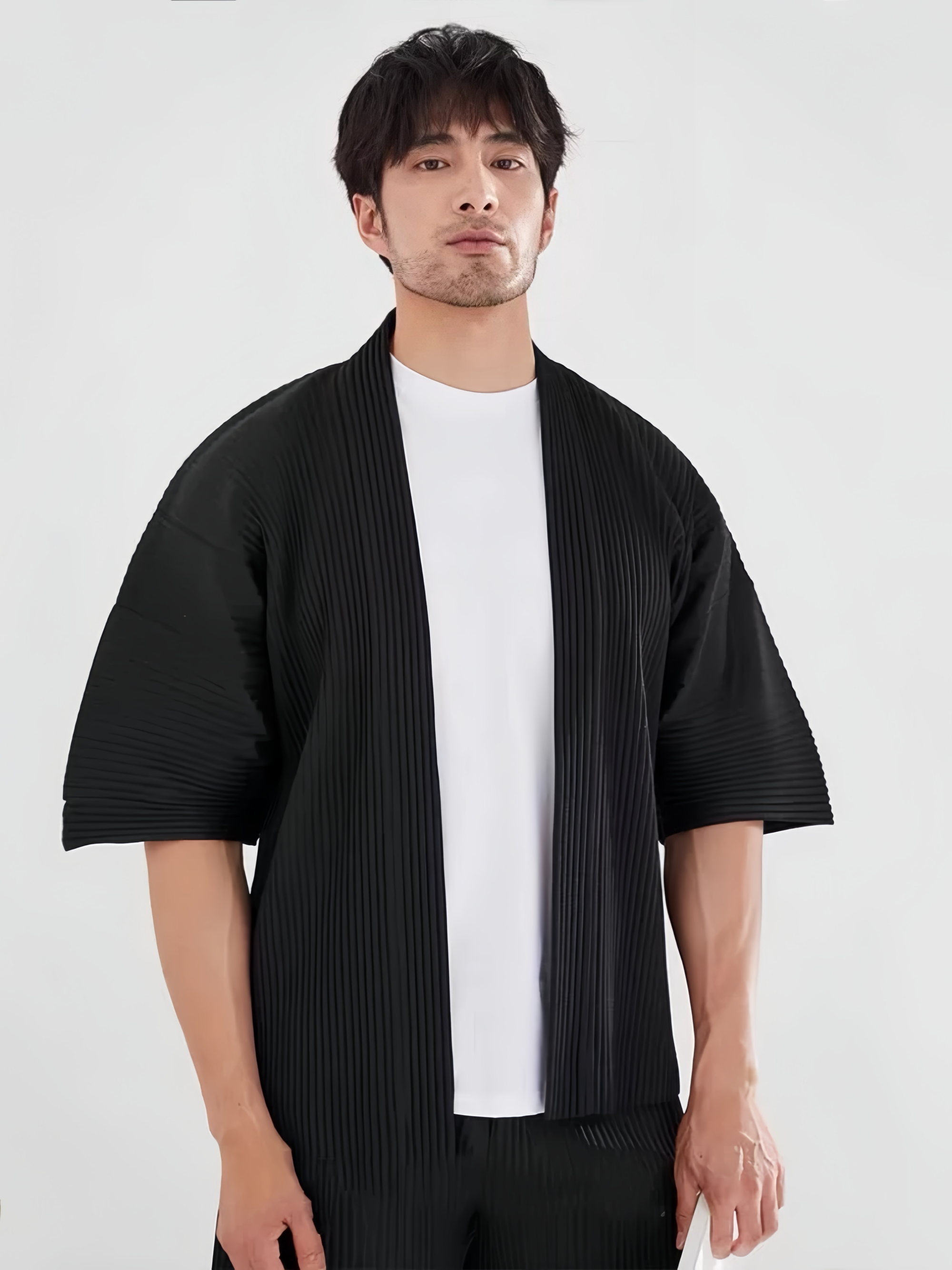 Veste Kimono Plissée Miyake pour Homme, Style Japonais, Manches Courtes, Ouverte sur le Devant, Cardigan Décontracté, Coupe Ample, Haut Streetwear