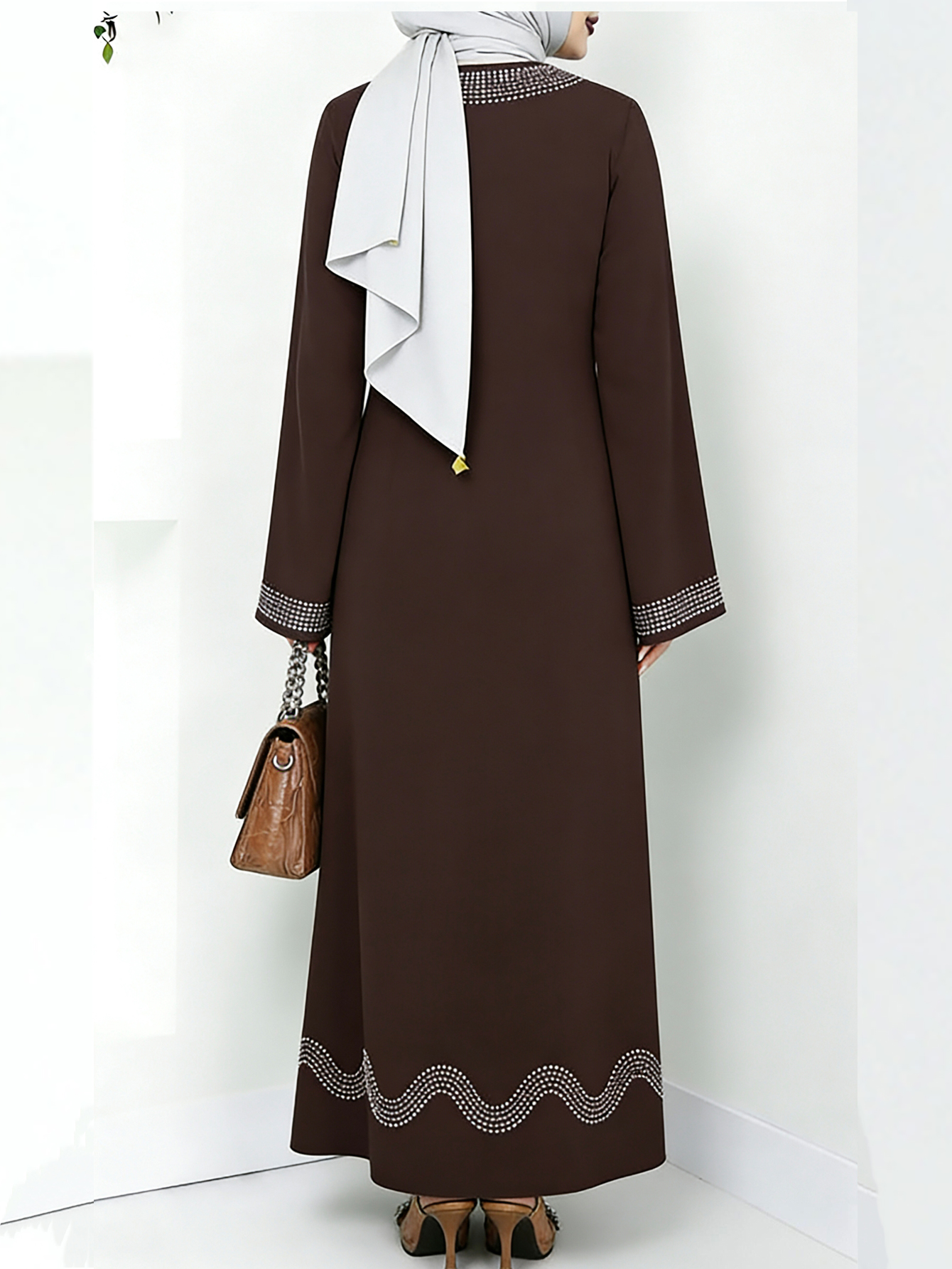 Robe arabe élégante, robe longue à manches longues avec strass, couleur unie, mode féminine du Moyen-Orient