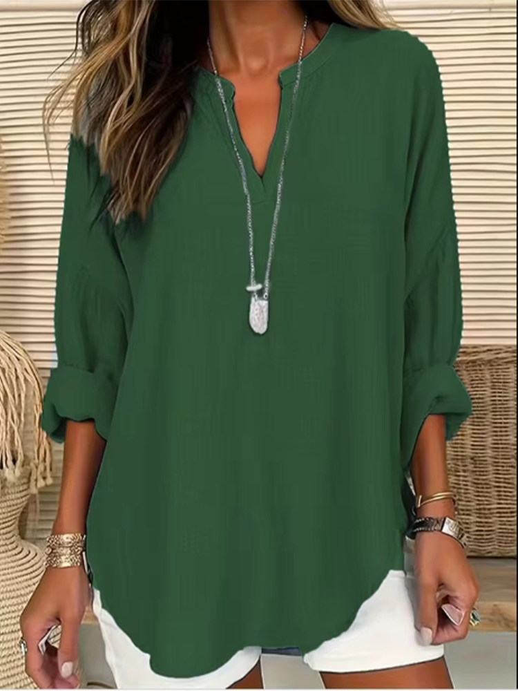 T-Shirt manches longues col en v pour femmes, décontracté, ample, mode automne, haut bleu élégant, vêtements de travail pour dames de bureau
