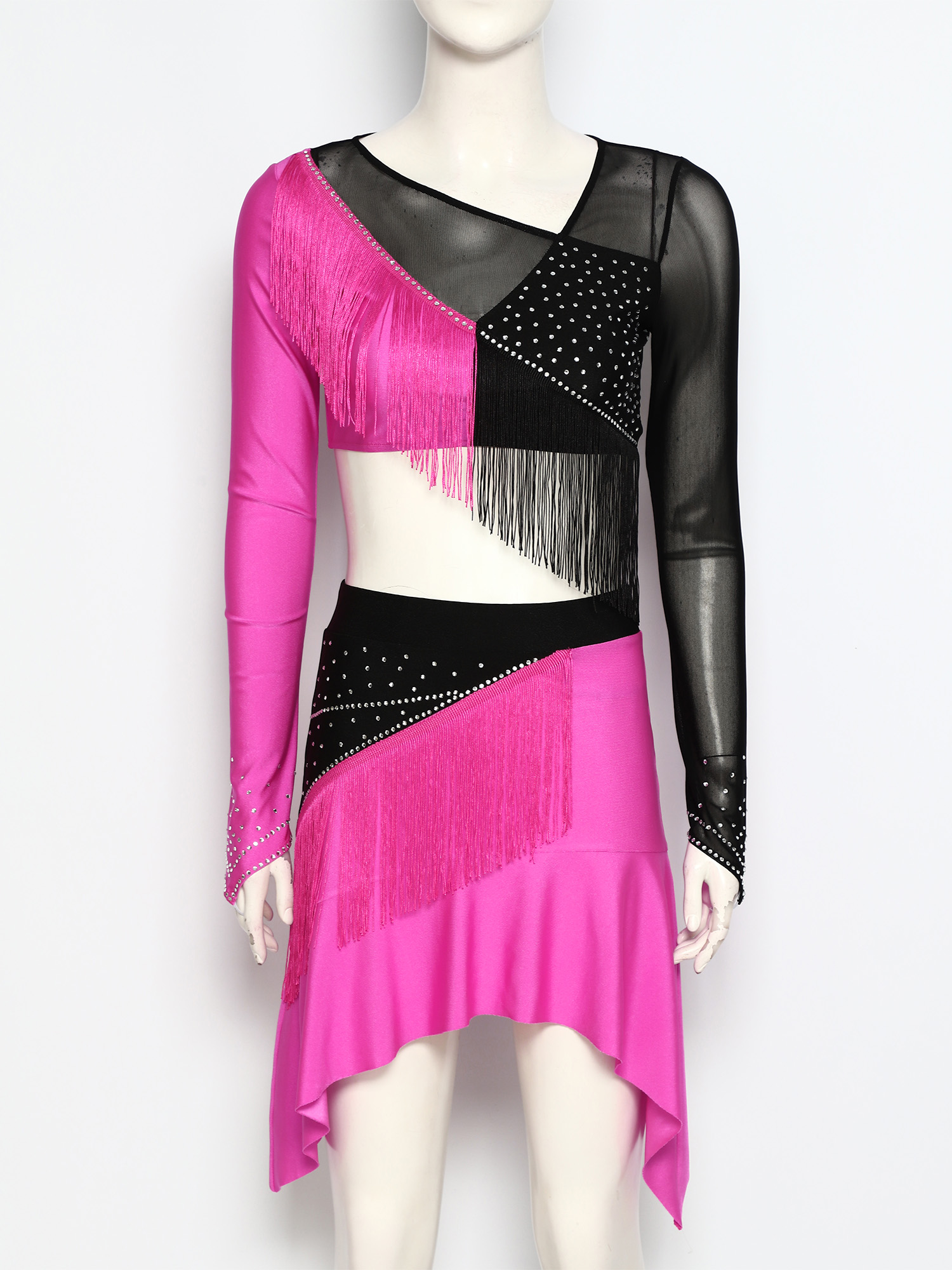 Ensemble de tenue de danse lyrique pour femmes, vêtements de danse contemporaine moderne, haut court en maille à manches longues avec franges et justaucorps à jupe, tenue de ballet