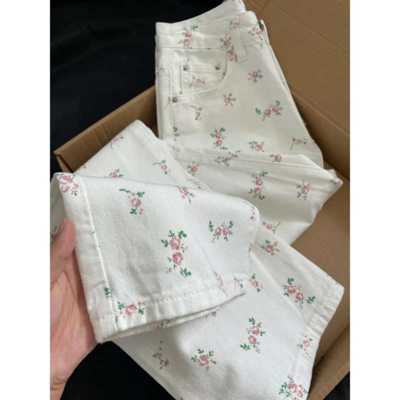 Jean droit de luxe Vintage pour femmes, motif Floral, léger, ample, taille haute, cache les hanches, amincissant, décontracté, jambes larges