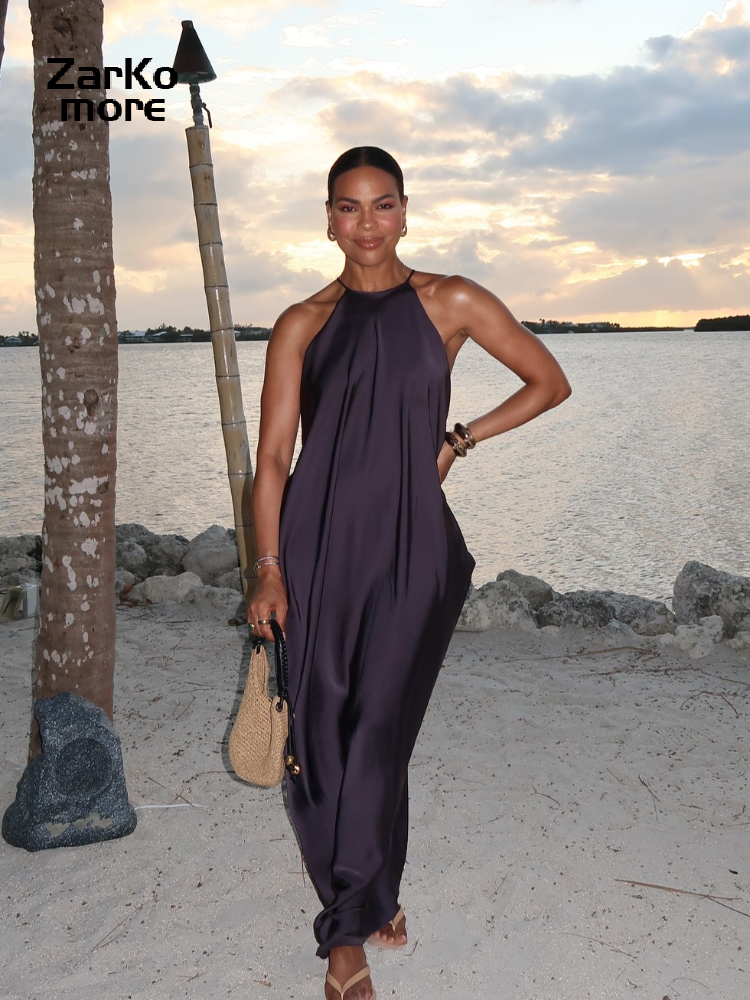 Robe Maxi en Satin pour femmes, Sexy, dos nu, écharpe, ample, col rond, sans manches, plissée, Robes de soirée, Chic, vacances, été, 2025