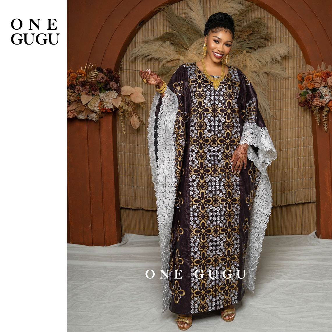 Robe Boubou Dashiki Bazin Riche Nigérian Marron, Robe de Mariée Traditionnelle Africaine, Robe Ample de Luxe en Brocart Bazin Riche pour l'Aïd