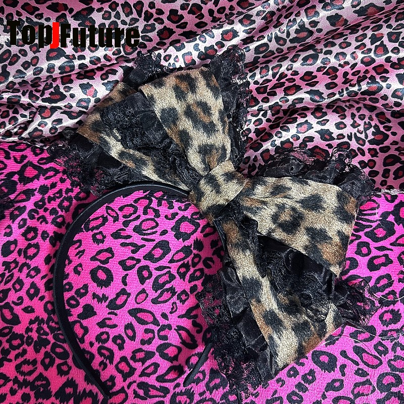 Serre-tête et épingles à cheveux pour femmes, style Y2K Hime Lolita Sweet Girl, avec nœuds chat oversize, imprimé léopard et volants en dentelle, pour subculture
