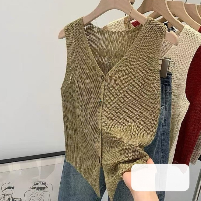 Gilet décontracté en coton et lin coréen pour femme, couleur unie, col en V, coupe ample, idéal pour l'été