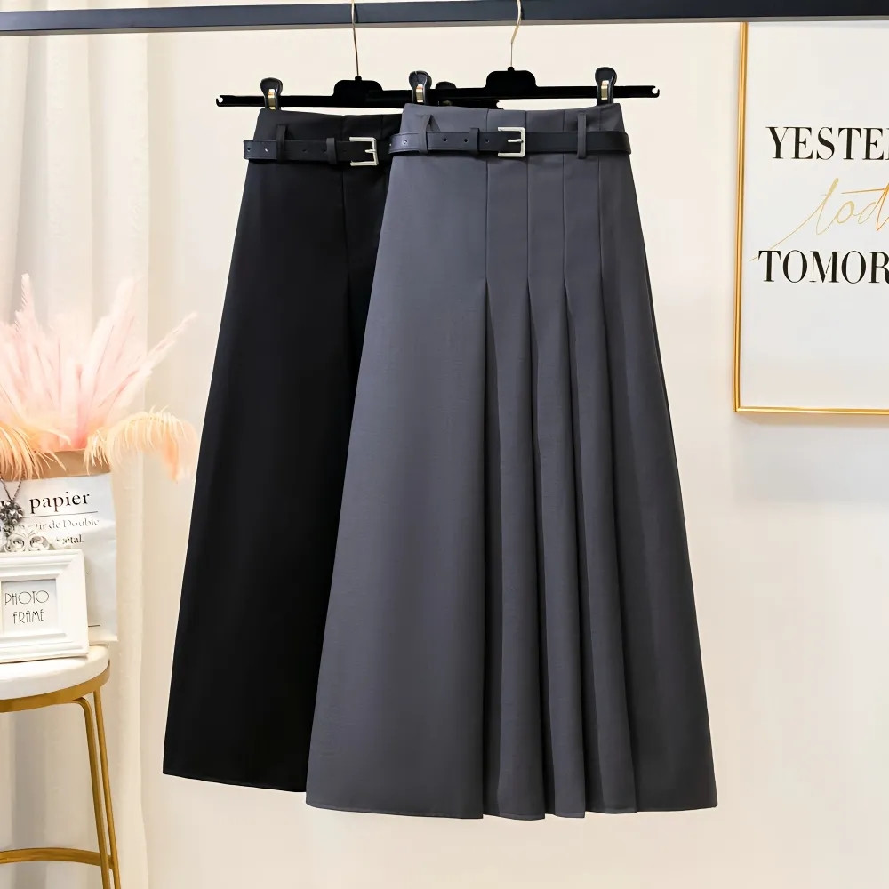 Costume noir pour femmes, jupe longue plissée avec ceinture, tempérament coréen gris, mode fine, jupe trapèze, Streetwear, été automne