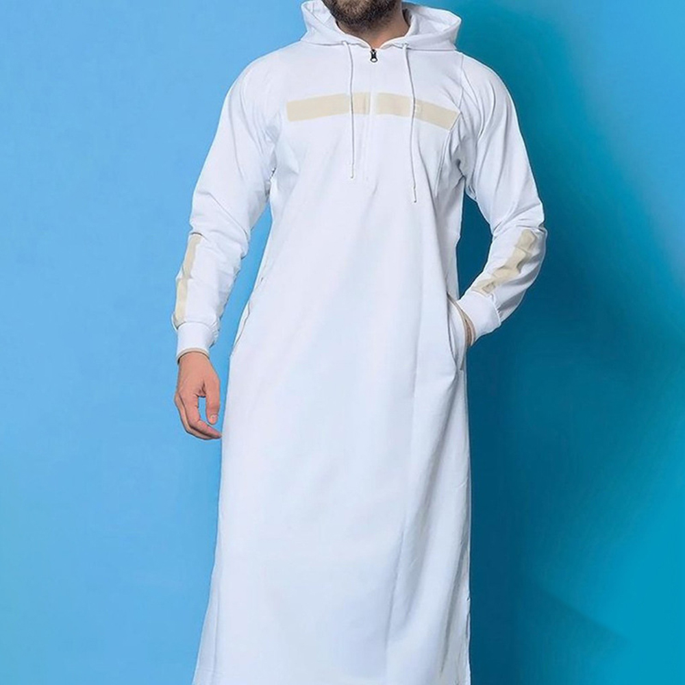 Hauts musulmans pour hommes, vêtements arabes islamiques du moyen-orient, amples, rayés, manches longues, poches avec cordon de serrage, Robe à capuche pleine longueur