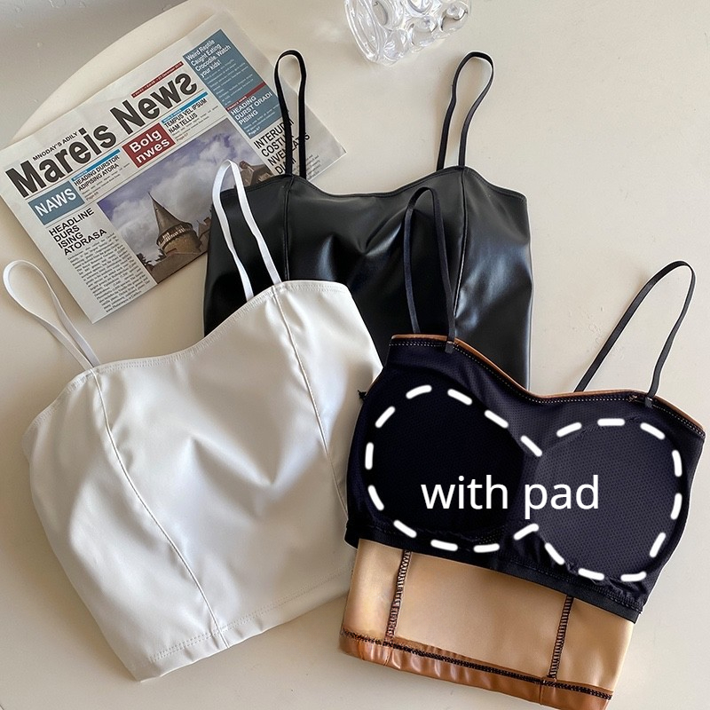 Sexy ventre nu en cuir PU licou culture hauts femmes avec soutien-gorge Pad Spaghetti sangle débardeur Camis femme sans manches recadrée gilet