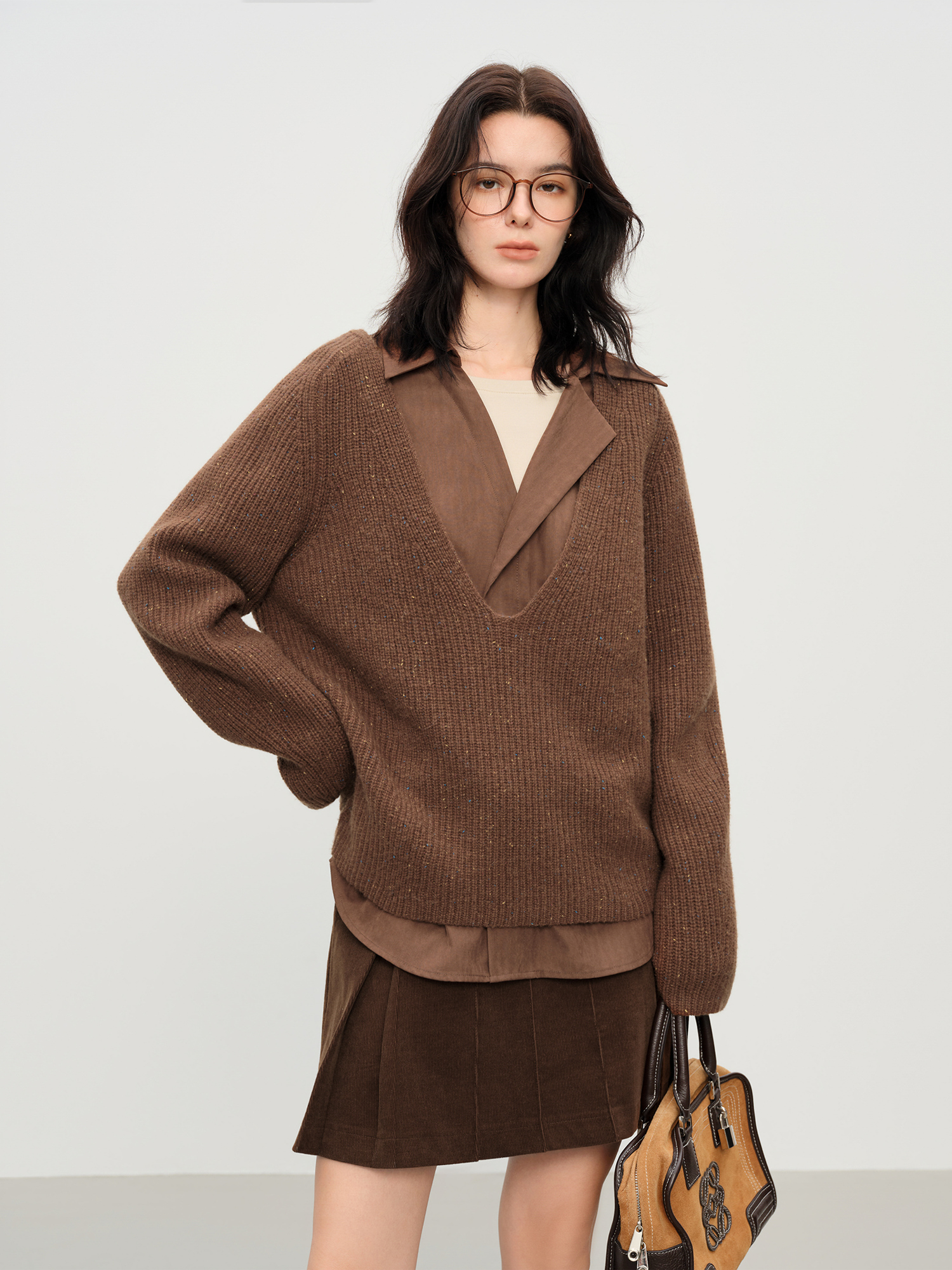 FSLE Winter 2025 Pull ample à col en V pour femme – Pull en pure laine avec coupe décontractée pour un confort décontracté