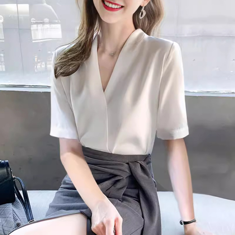 Chemisier blanc à col en V pour femme, élégant et chic, en mousseline, idéal pour le bureau, collection Printemps-Été 2026, haut léger à manches longues