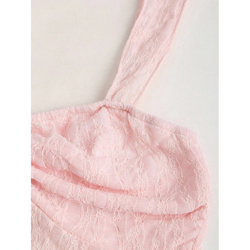 Camisole courte française pour femme, douce et pure, en tissu jacquard uni avec ornements en dentelle et nœud, taille cintrée, polyvalente et sans manches.