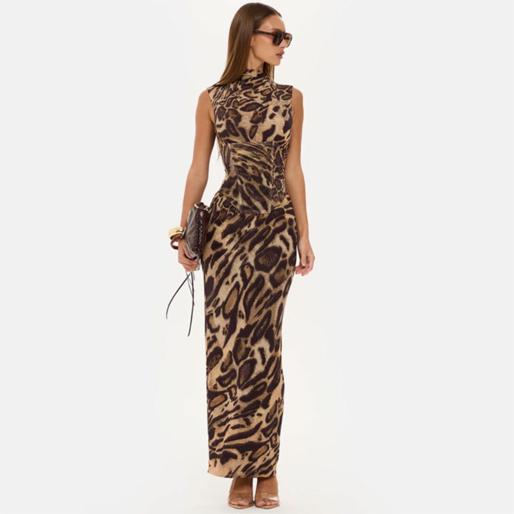 Robes imprimées léopard pour femme, tenues deux pièces pour fête et mariage, vêtements français pour femme, style élégant, sans manches, coupe ajustée, motif arêtes de poisson
