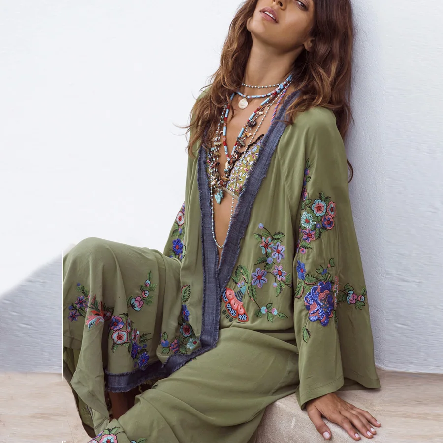 TEELYNN Cardigan long en coton et rayonne brodé de fleurs pour femme, robe kaftan d'été, chemisier de plage, blouse ample à manches longues, style bohème, Vestidos