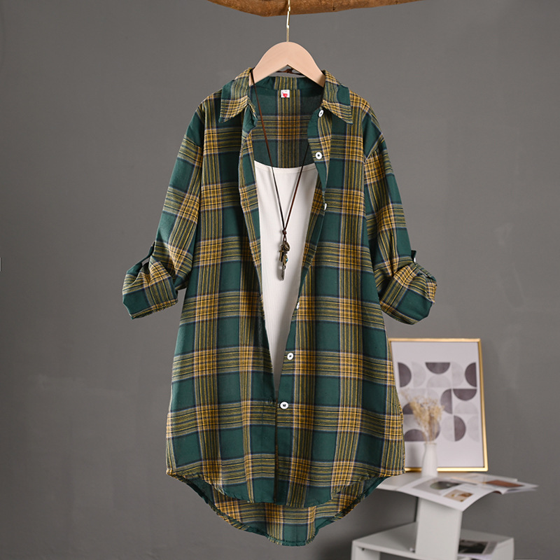Chemise boutonnée à manches longues pour femmes, chemisiers en lin, style chinois, haut vintage, vêtements à carreaux