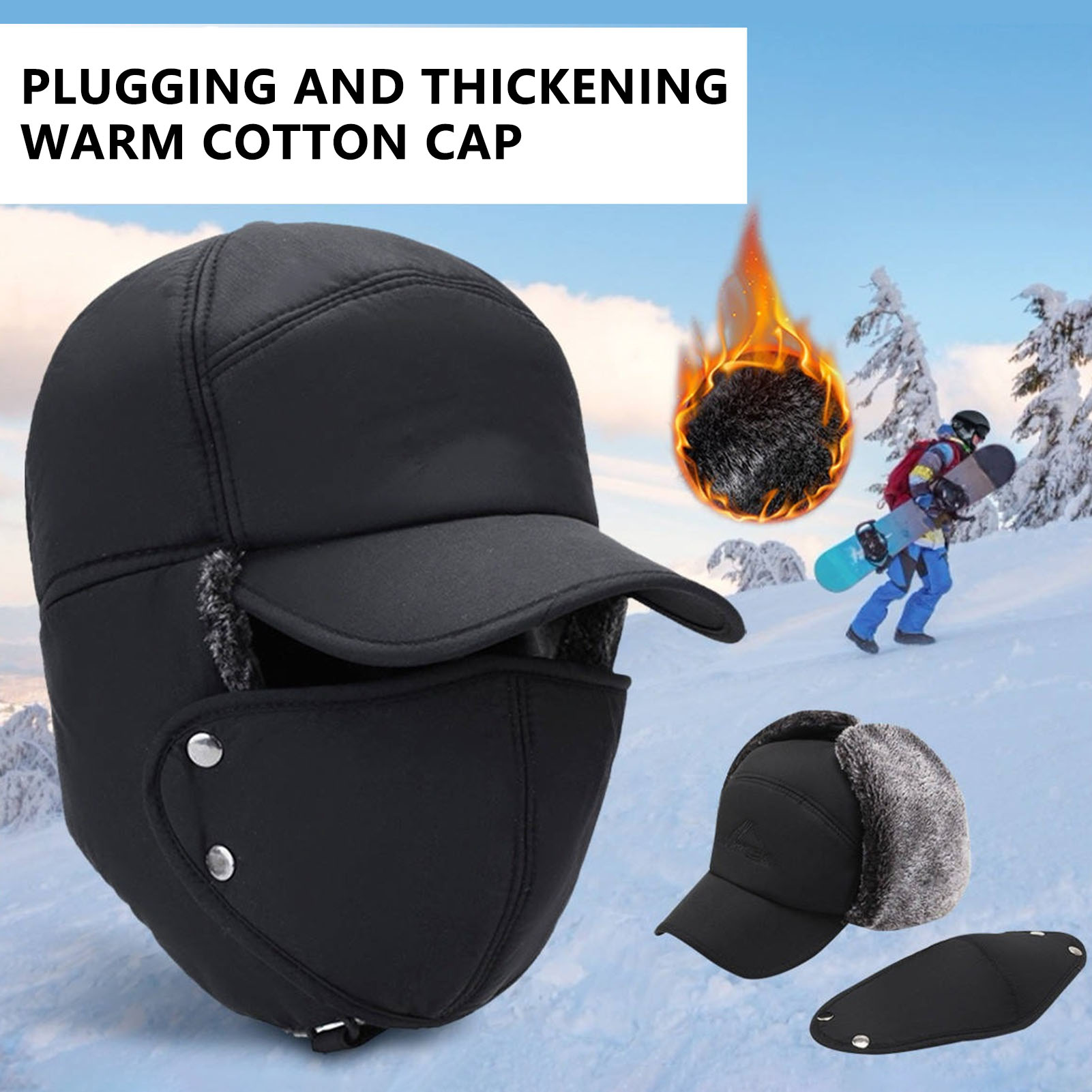 Chapeau de fourrure d'hiver pour hommes avec oreillettes et masque facial coupe-vent chaud doublé polaire Ski neige moto casquette d'équitation noir gris bleu marine
