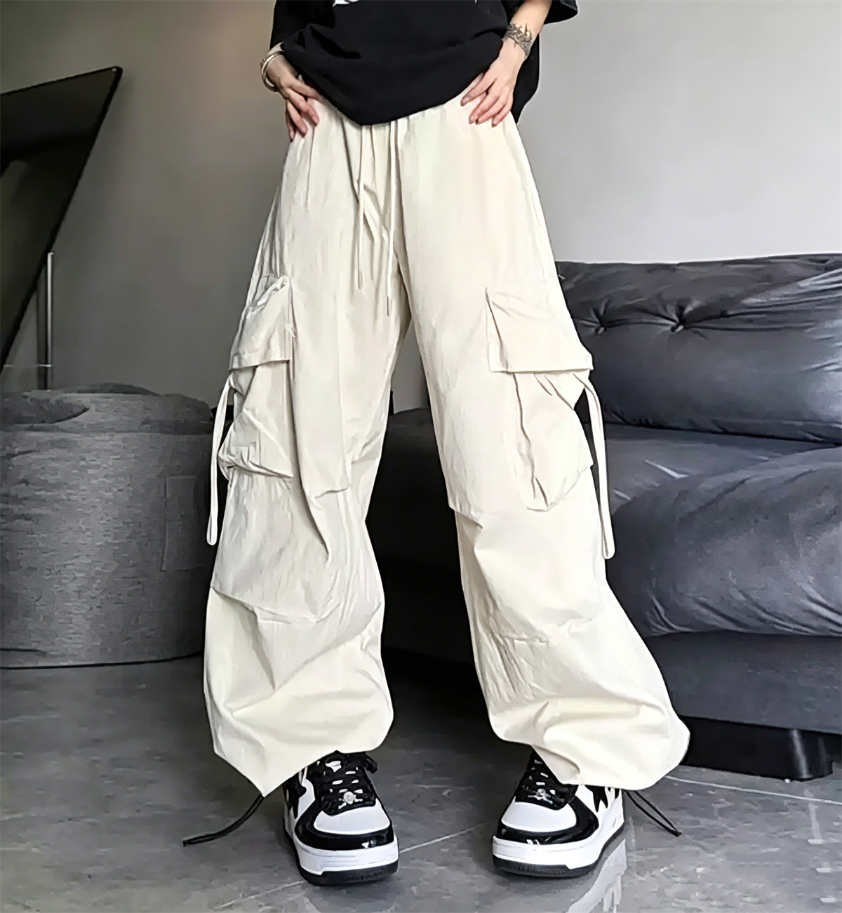 Pantalon cargo vintage pour femme, taille élastique, poches, coupe large, style Y2K, streetwear américain