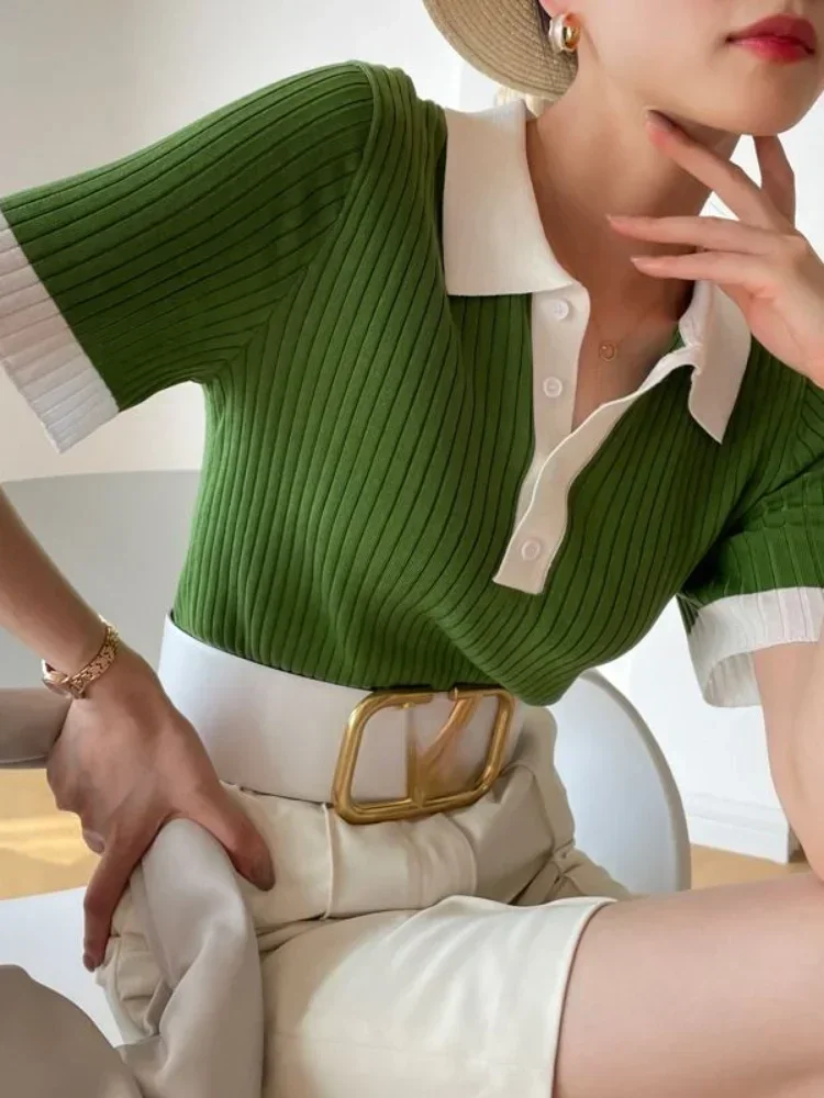 T-shirts d'été tendance pour femmes, T-shirt polo ajusté pour femmes, T-shirt en soie glacée tricoté à col, Crop top élégant en tricot