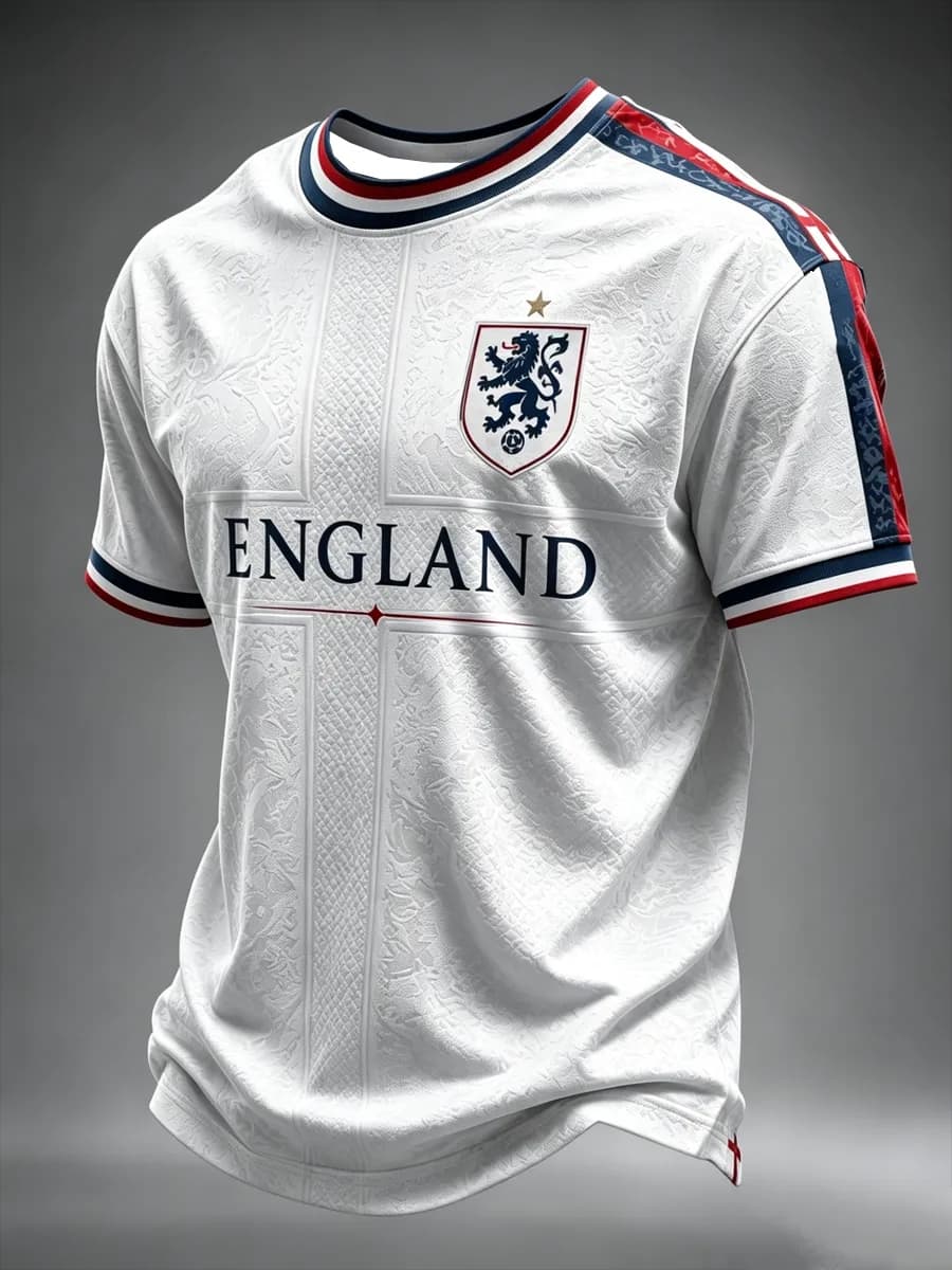 Nouveau maillot de football pour hommes Angleterre 2026, col ras du cou, manches courtes, col et poignets rayés bleu marine, t-shirt sportif pour supporters nationaux.