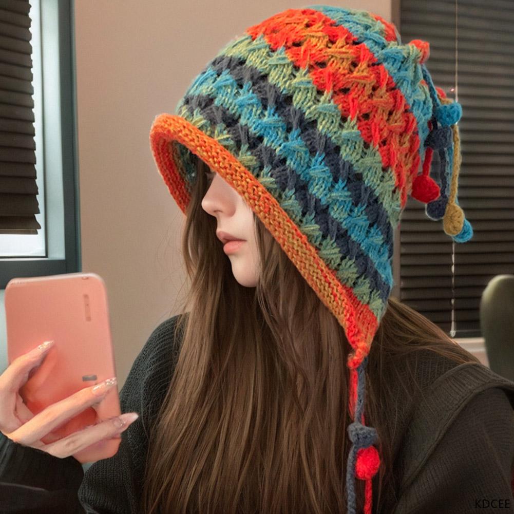 Bonnet en laine tricoté à rayures arc-en-ciel colorées pour femmes, Bonnet de Protection des oreilles au Crochet chaud d'hiver pour filles, Bonnet coupe-vent de neige