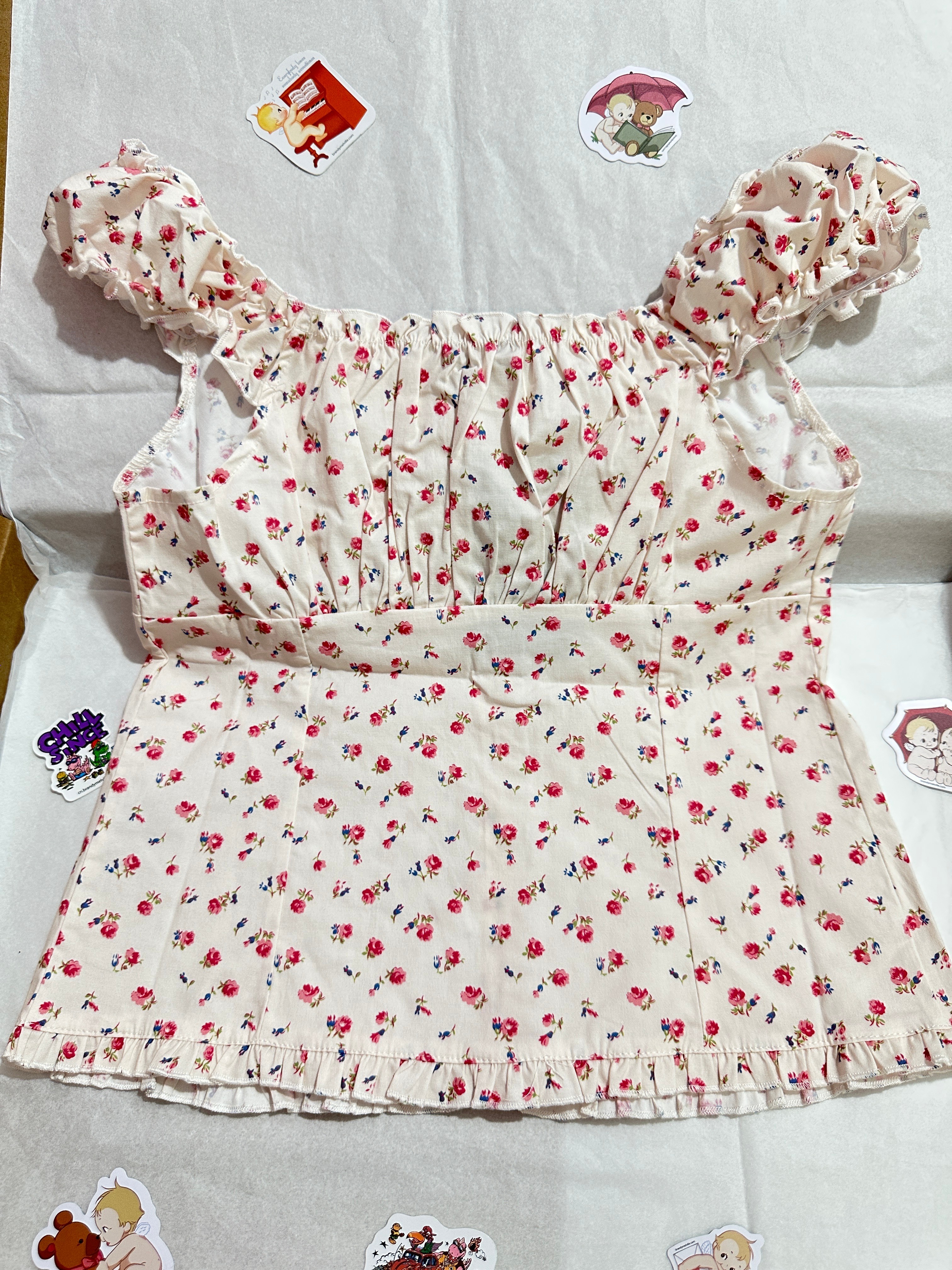 T-shirt imprimé Floral pour femmes, chemisier à volants, col en V, pliable, simple boutonnage, été, doux, Vintage, manches bouffantes, chemise Slim Y2K