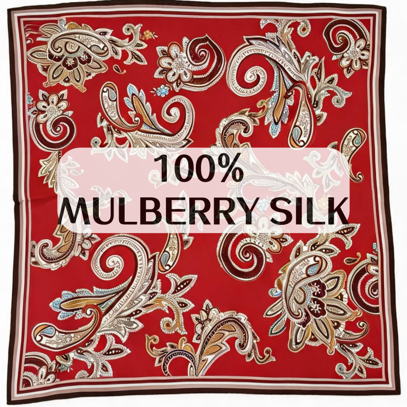 Foulard carré 70 cm en soie de mûrier 100% rouge bordeaux à motif cachemire floral, vintage, pour femme, bandana de cou, accessoire pour cheveux et sac, pour le bureau et les mariages