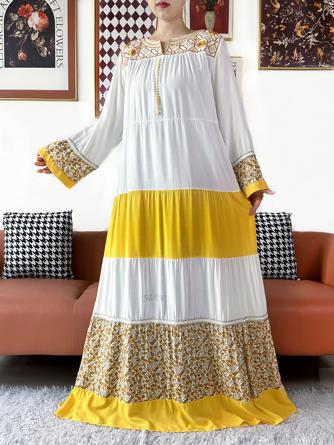 Robe africaine Kashkha 2026 brodée en coton, Abaya africaine, Boubou musulman ample avec grand foulard, robe longue pour le Ramadan