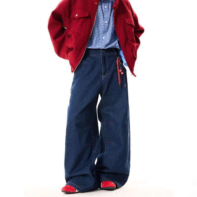 Nouveau coréen rétro bleu jambe droite jean décontracté ample jambe large pantalon mode hommes large jean haute qualité pantalon