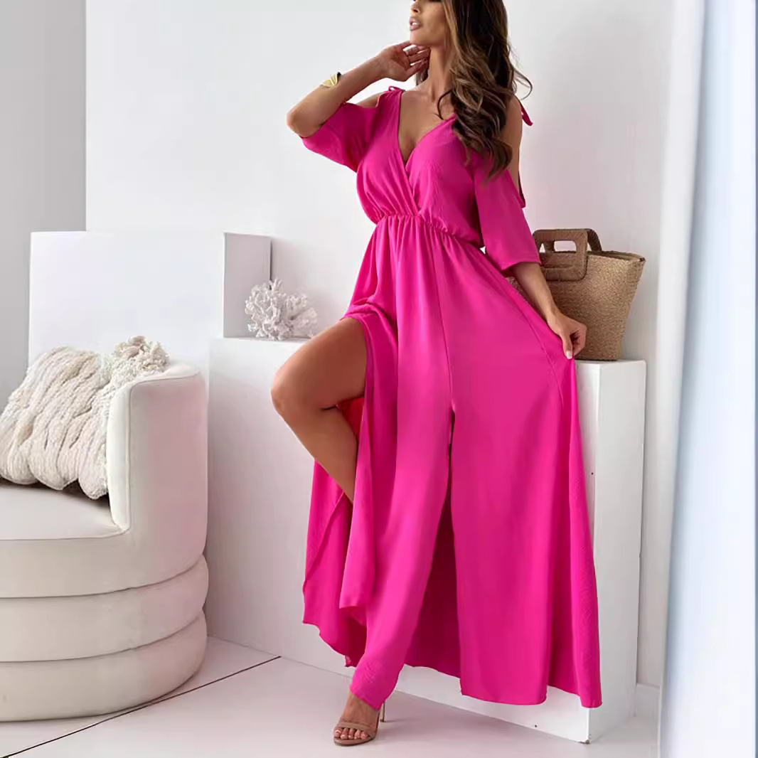 Robe longue décontractée à lacets pour femmes, robe de soirée fluide, col en V uni, manches courtes, mode élégante