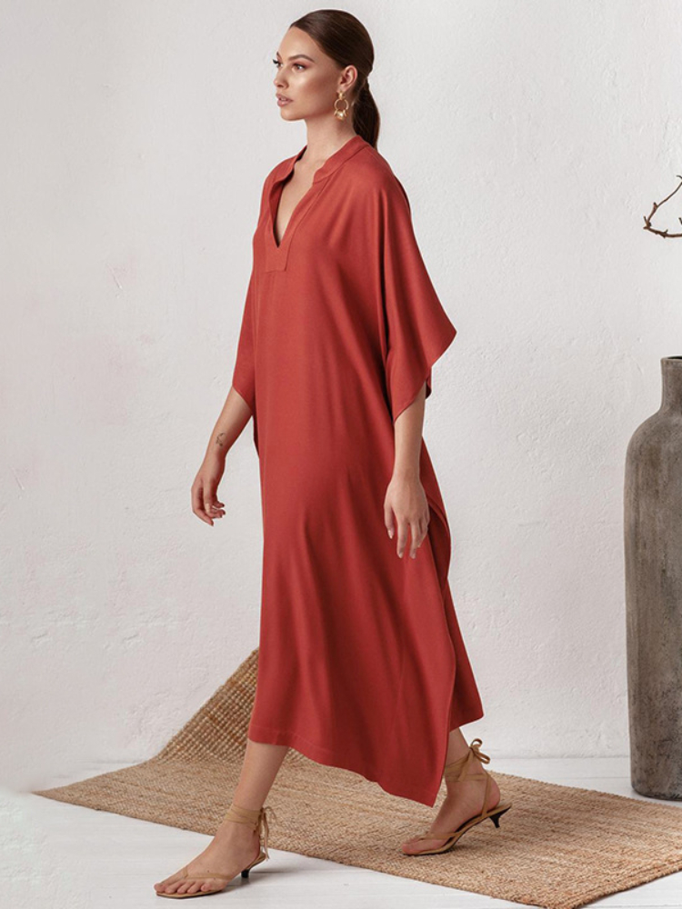 Robe longue de plage ample, Cover-Up pour les maillots de bain, Kaftan, tunique de plage, couleur unie, col en V, élégante, été