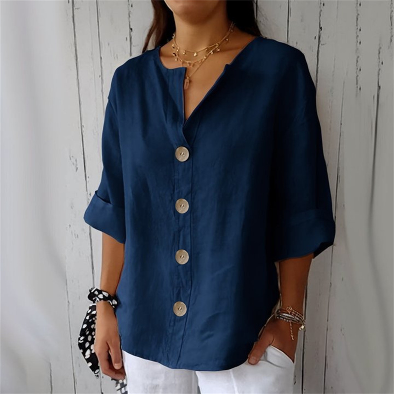 Chemise ample d'été pour femmes, col en v, coton et lin, boutons, chemises décontractées, couleur unie, mode élégante, vêtements de bureau pour femmes, chemisier 2025