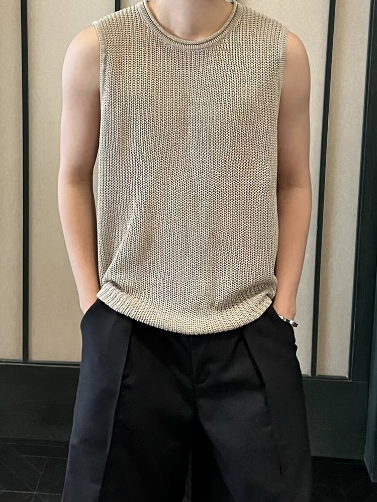 Débardeurs d'été décontractés pour hommes, style plage, ajourés, couleur unie, tricotés, col rond, élégants