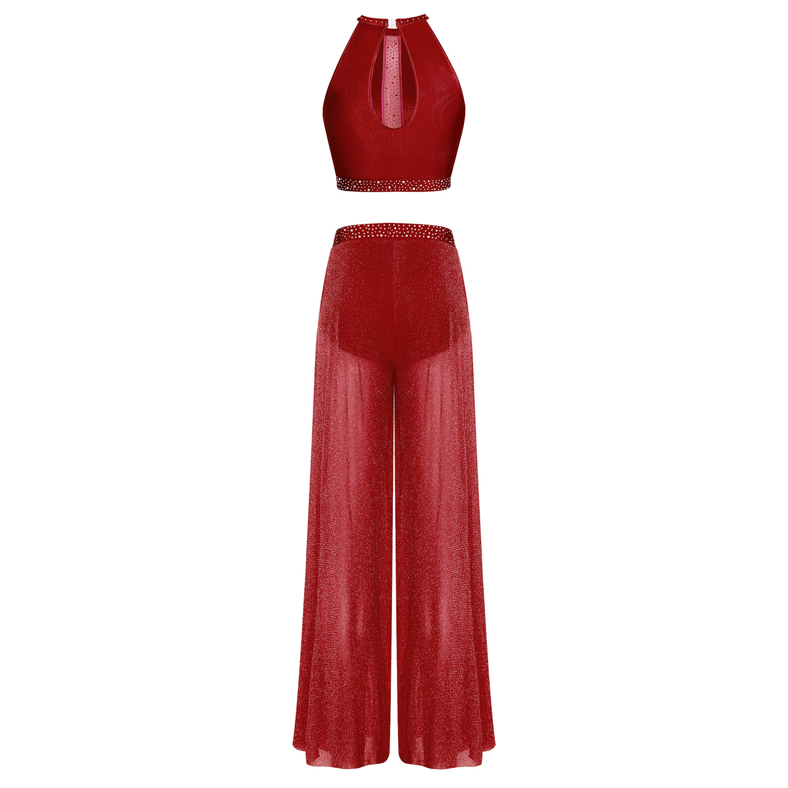 Tenue de danse lyrique pour femmes, costume de performance avec strass, débardeur ajouré et pantalon large en maille scintillante