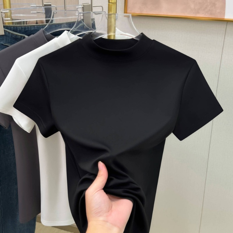 T-shirt manches courtes femme, décontracté, couleur unie, Slim Fit, élégant, basique, col mi-haut, Simple, été
