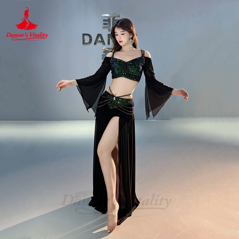 Ensemble de costumes de danse du ventre pour femmes, haut à manches longues en maille + jupe longue en gaze, ensemble d'entraînement 2 pièces, tenue de danse du ventre orientale