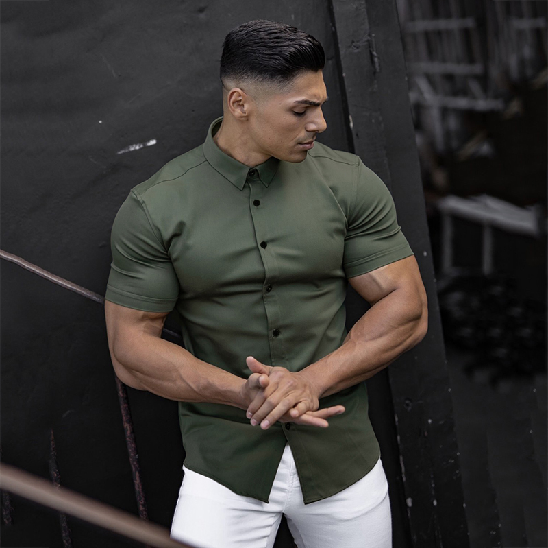 Chemise à manches courtes pour hommes, vêtements d'été, boutons de gymnastique, Fitness, chemises à manches courtes, mode décontractée, Streetwear, Hipster Social