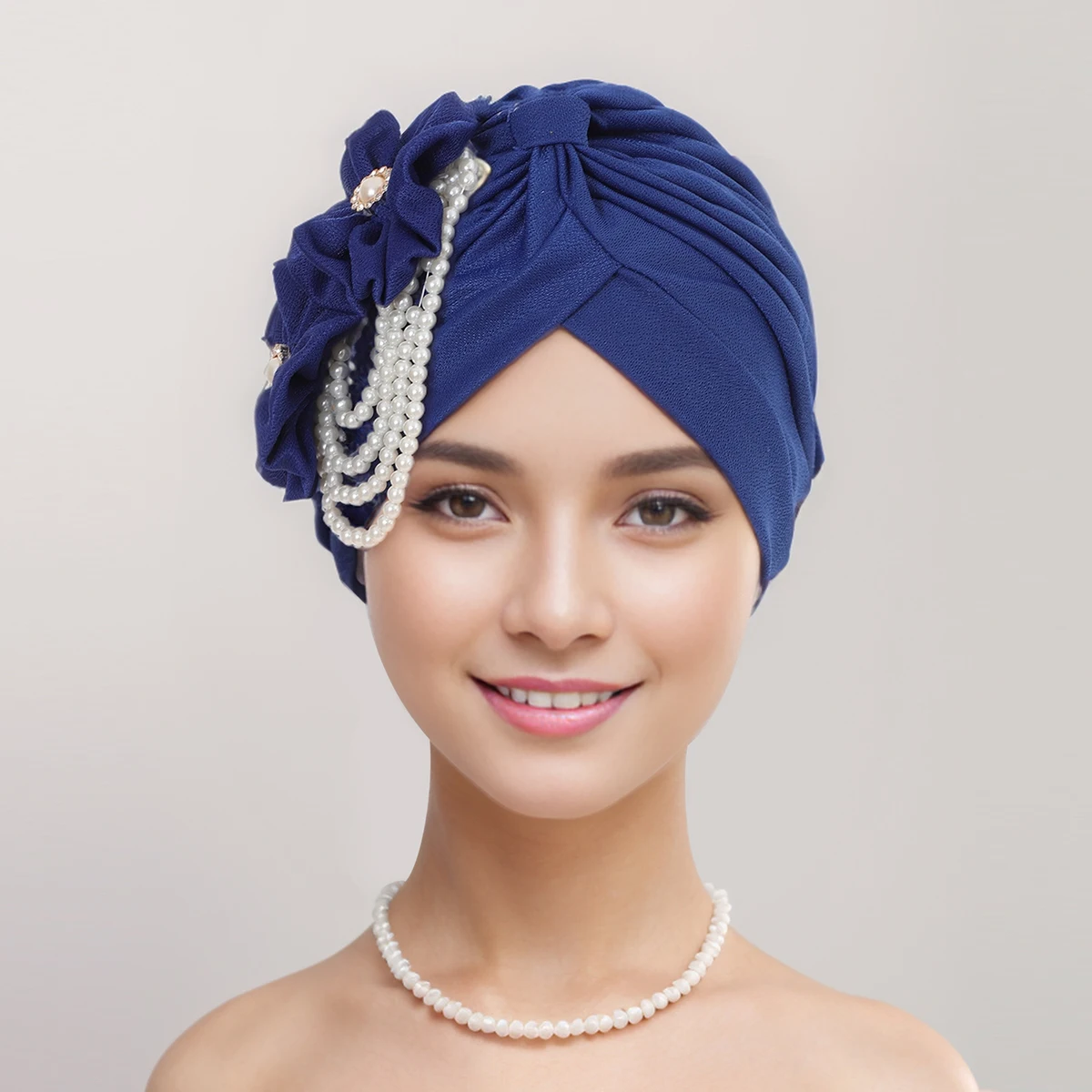 Foulard de Sauna Musulman pour Femme, Design Floral, Bonnet Perte de Cheveux, Turban avec Perles