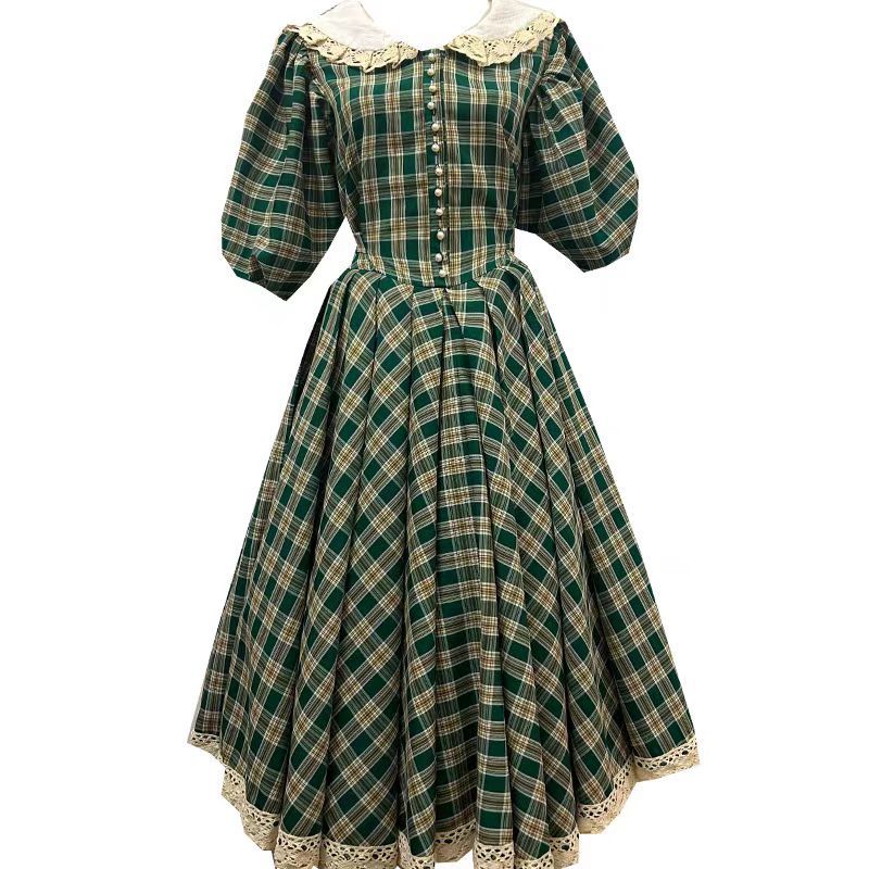 MAGOGO – robe longue plissée en dentelle pour femmes, taille Maxi, Style français rétro vert, élégante, bulle, manches courtes, amincissante, Plaid, été