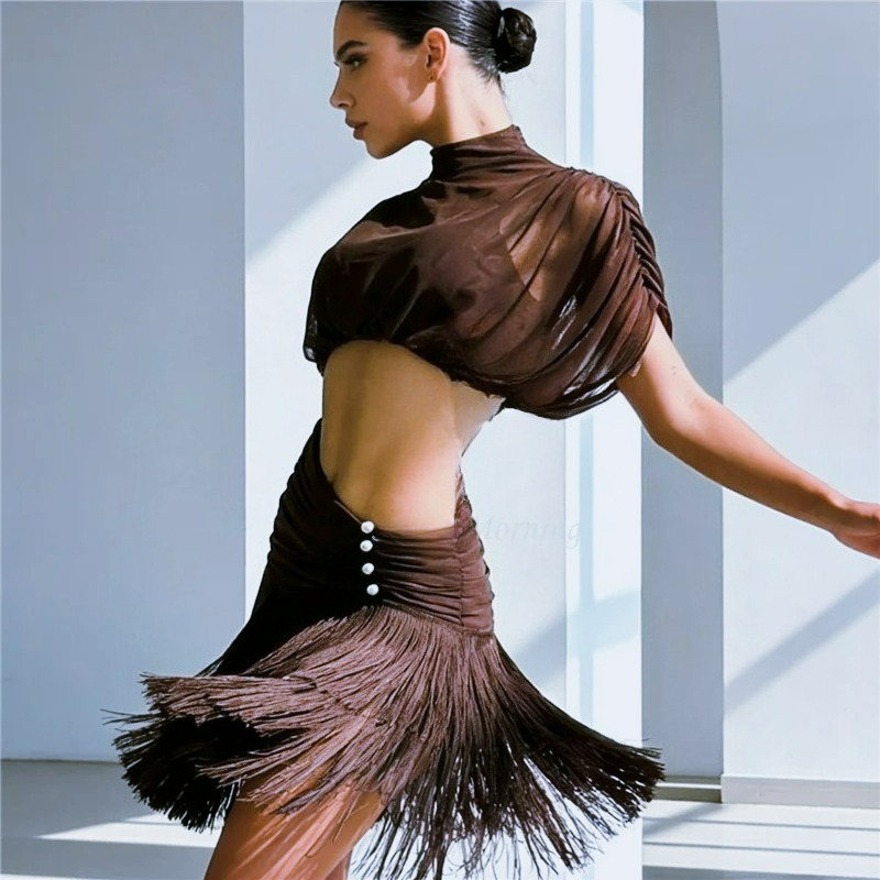 Robe de danse latine marron pour femmes, haut en maille, jupe à franges perlées, vêtements de danse pour compétition de Samba Jazz Cha Cha