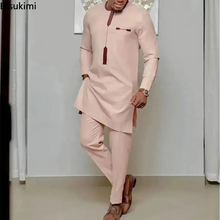 Ensemble Homme Tenue de Mariage Africaine Perles Manches Longues Haut et Pantalon Kaftan Vêtements Traditionnels Costumes Ethniques Décontractés Costume 2 Pièces pour Homme