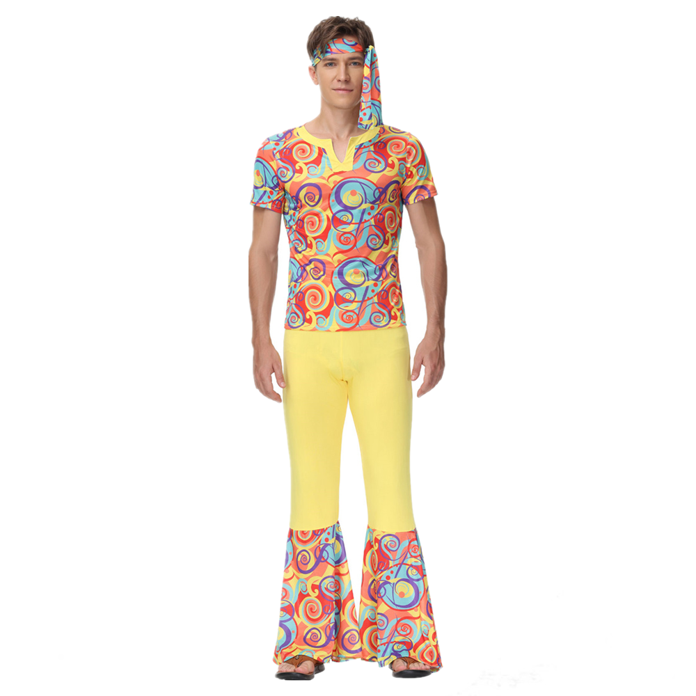 Costume de couple pour fête, style hippie rétro années 70, motif cœur d'amour et de paix, tenue rock disco, pour hommes et femmes, costume de cosplay hippie à pattes d'éléphant