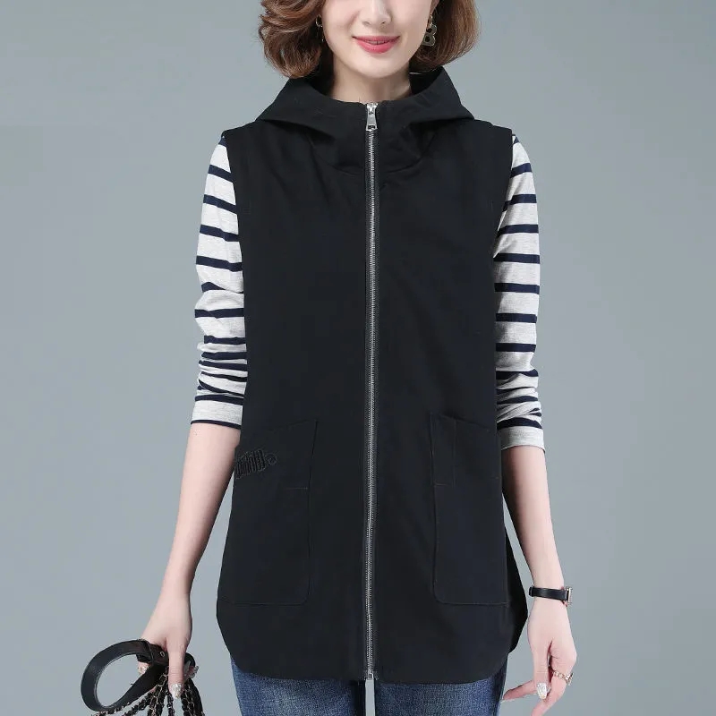 Gilet mi-long pour femme, nouvelle collection printemps 2026, style coréen, sans manches, décontracté, à capuche, avec fermeture éclair, veste d'extérieur