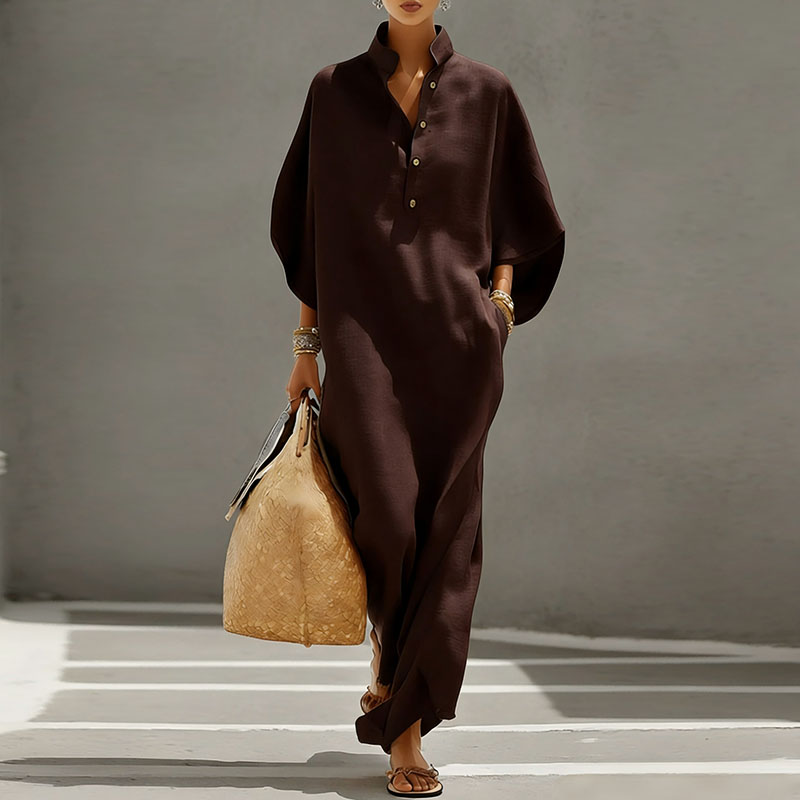 Robe longue bohème pour les vacances d'été, robe de soirée élégante à col montant et boutons pour femme, robe maxi ample à manches chauve-souris pour le printemps
