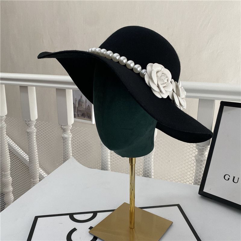 Chapeau haut de forme français à grand bord pour femme, style rétro élégant, Fedora plat, perle florale britannique, chapeau à large bord, photographie, noir