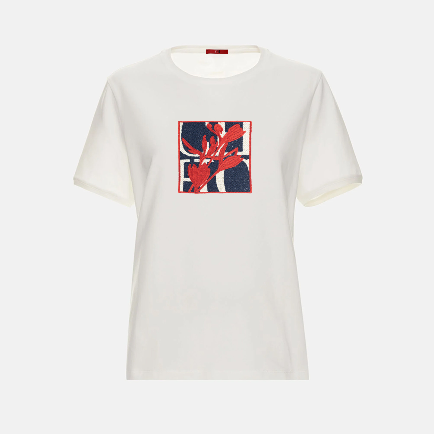 T-shirt à manches courtes pour femme CH, avec un col rond et un motif brodé floral rouge, un haut décontracté pour tous les jours
