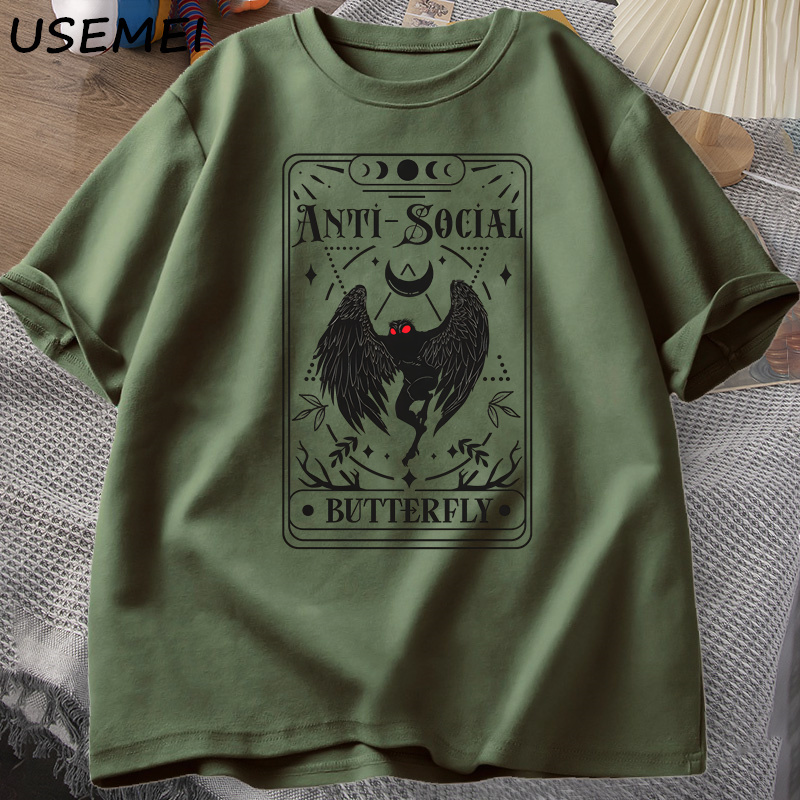 T-shirt manches courtes col rond homme, streetwear décontracté, vintage, en coton, avec carte de tarot papillon imprimé, Mothman